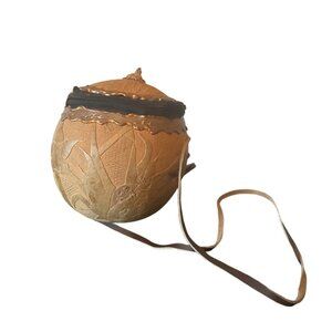 Handcrafted Leather Covered Gourd Purse With Zipper Closure & Leather Strap